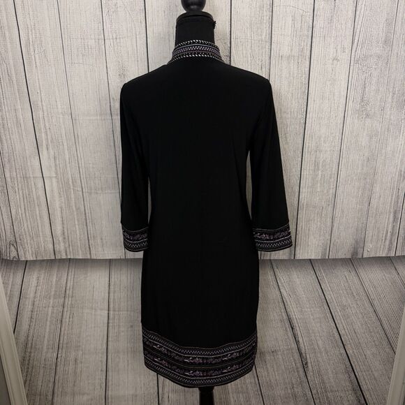 WHBM Women's Small Black Embroidered Trim Stretch Shift 3/4 Sleeve Dress - Picture 4 of 7